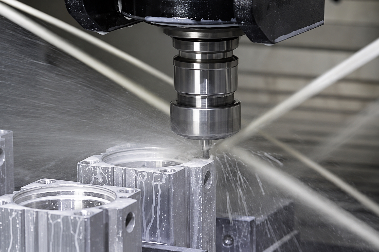 Close-up CNC machining of an aluminum pneumatic component body for Bepto Pneumatic