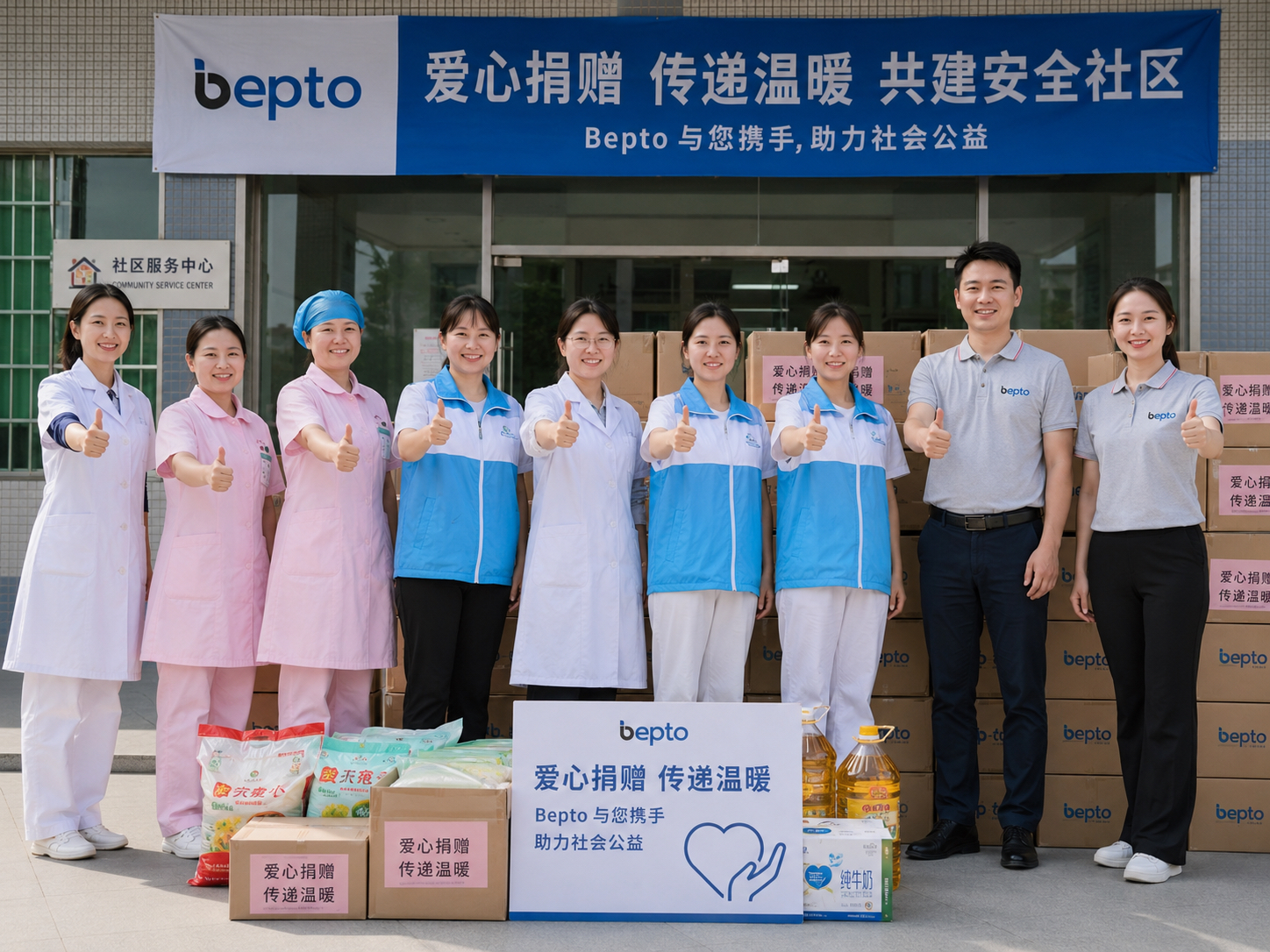 Bepto Pneumatic team community support activity with donated supplies