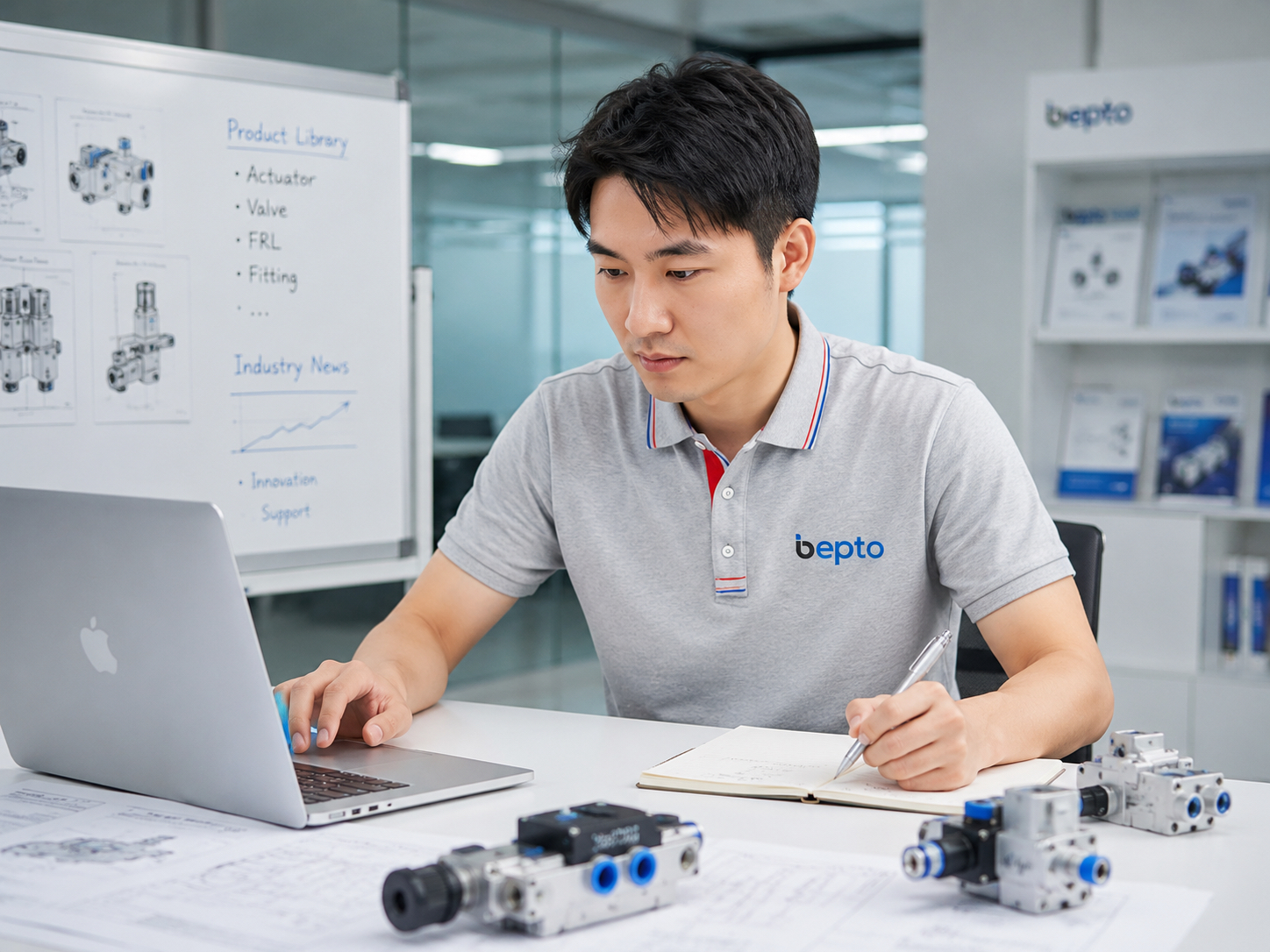 Bepto Pneumatic engineer reviewing pneumatic product drawings and documentation