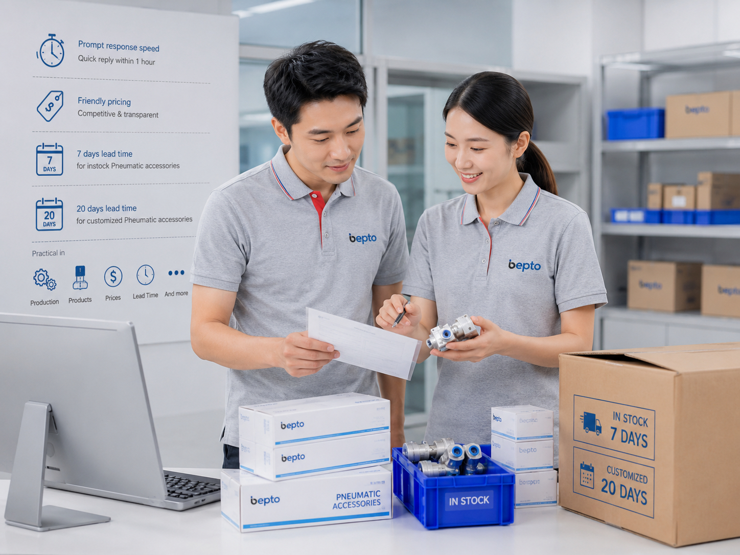 Bepto Pneumatic team reviewing pneumatic accessories, packing, and inquiry details