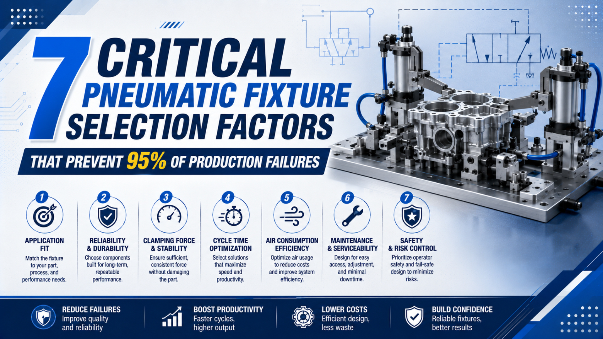 Imagem de destaque sobre 7 fatores críticos na seleção de dispositivos de fixação pneumáticos que evitam 95% das falhas de produção