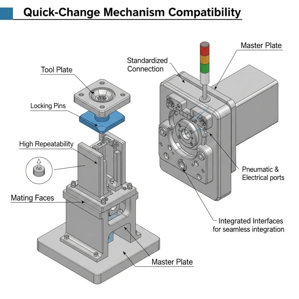 Exploded quick-change fixture interface showing a tool plate, master plate, locating features, and service connections