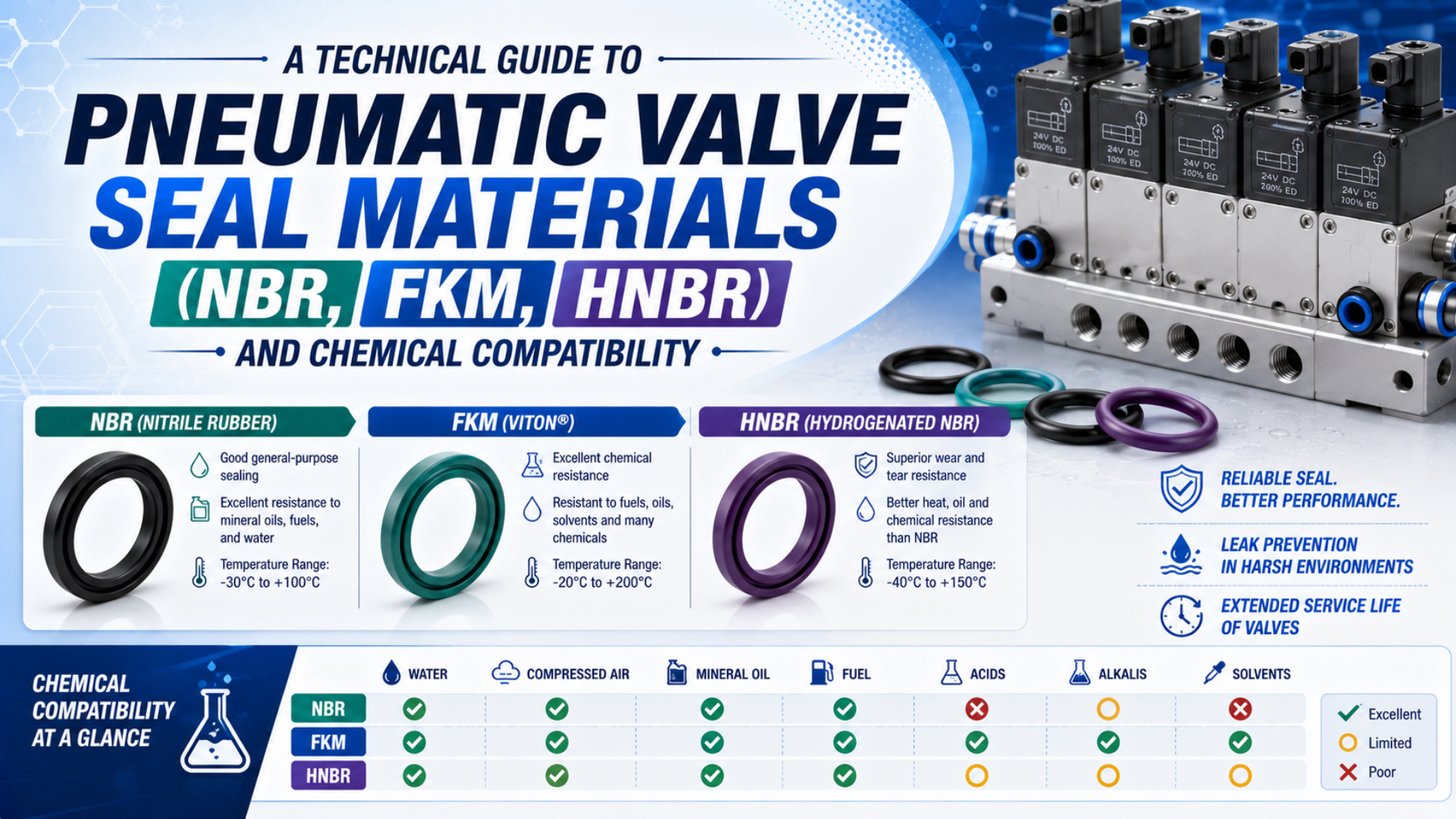 Guide des joints NBR, HNBR et FKM pour distributeurs pneumatiques et de leur compatibilité chimique