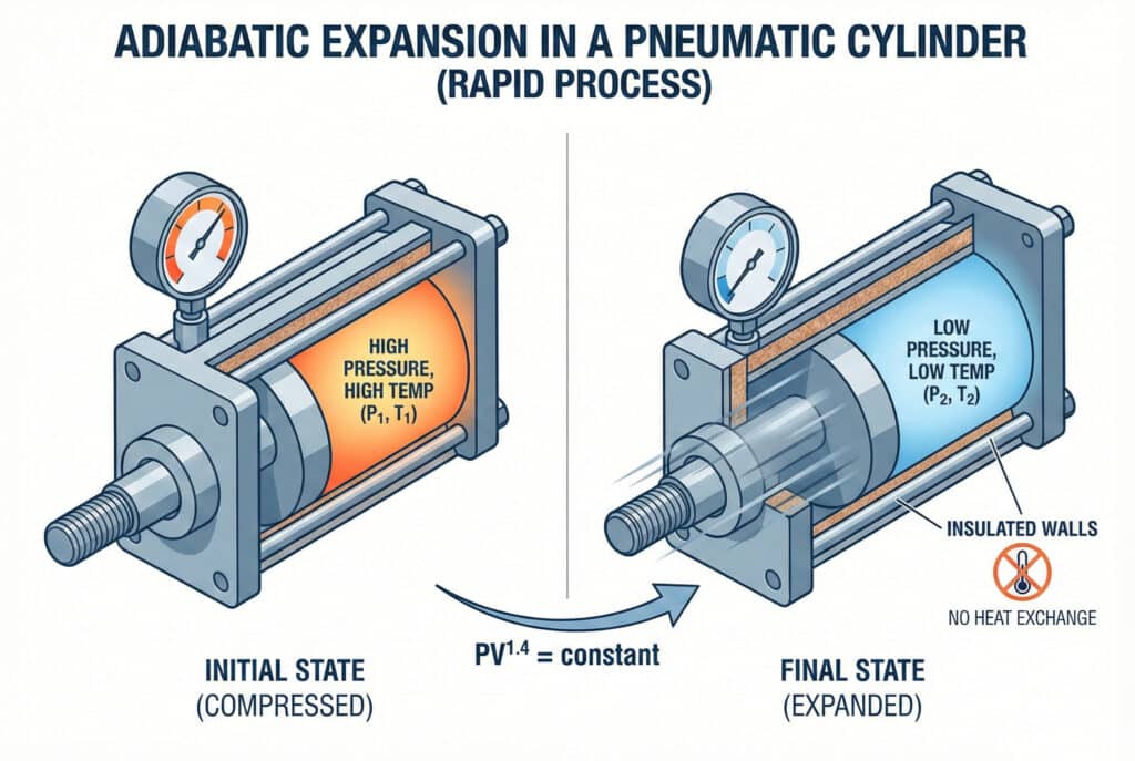 Idealized closed-mass adiabatic expansion in a pneumatic cylinder, with pressure and temperature falling as volume increases