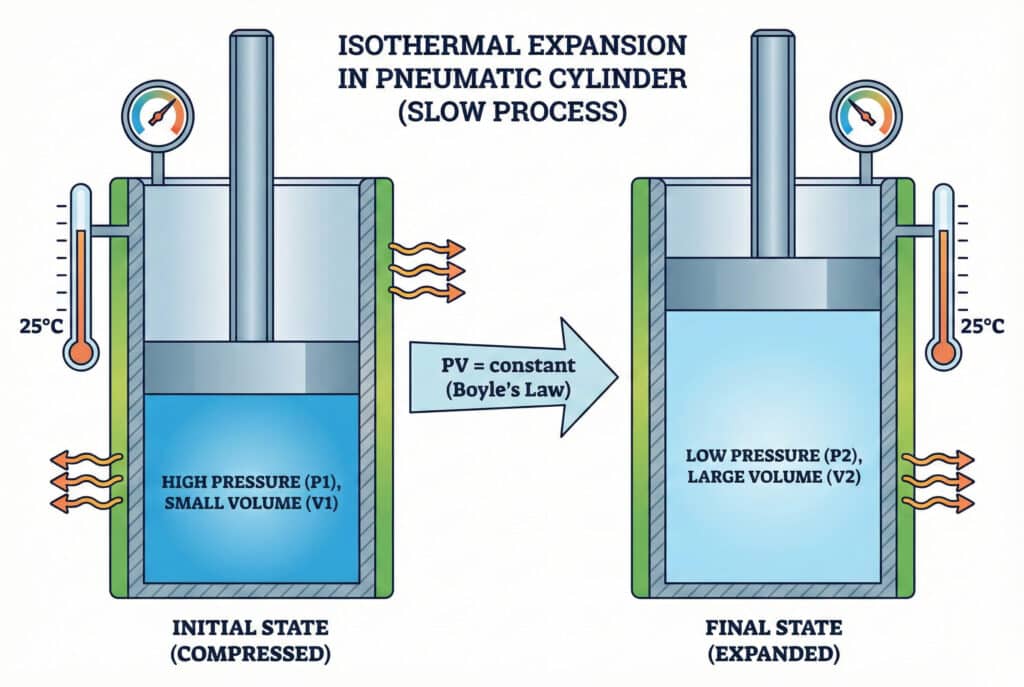 Idealized closed-mass isothermal expansion in a piston cylinder, with heat transfer maintaining constant gas temperature
