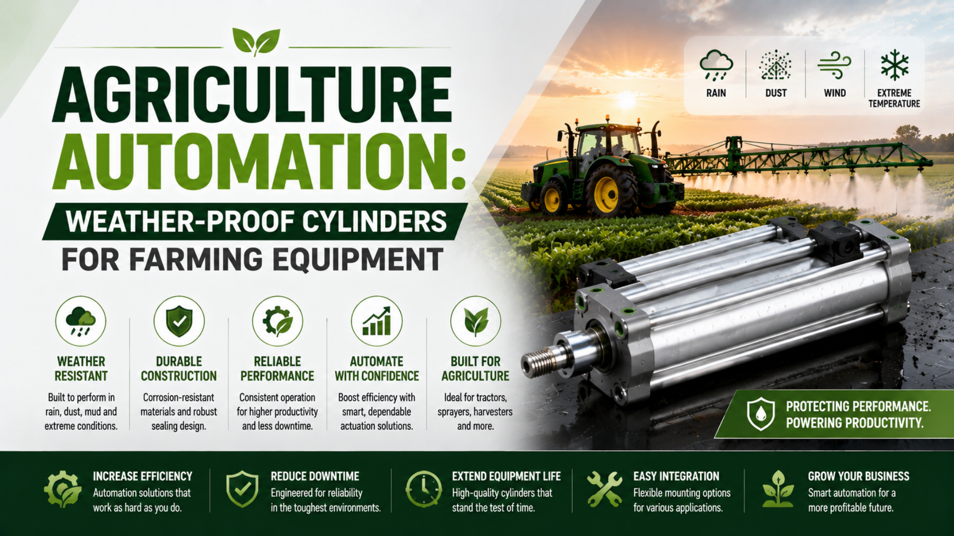 Automação agrícola com cilindros resistentes às intempéries para equipamento agrícola