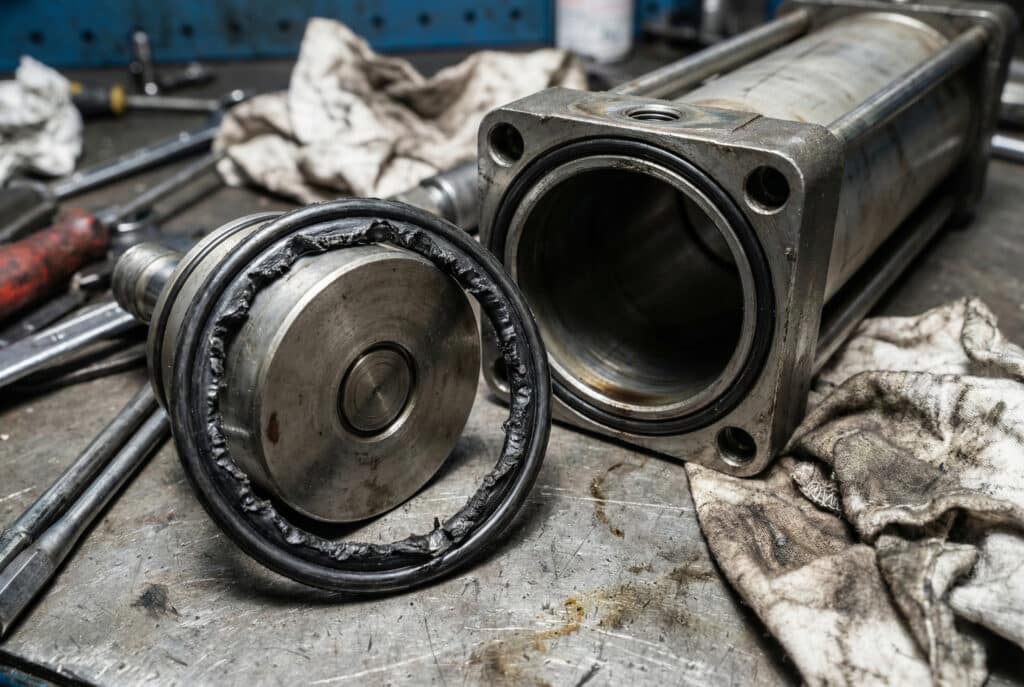 Disassembled pneumatic cylinder with severe ragged damage around the piston seal edge