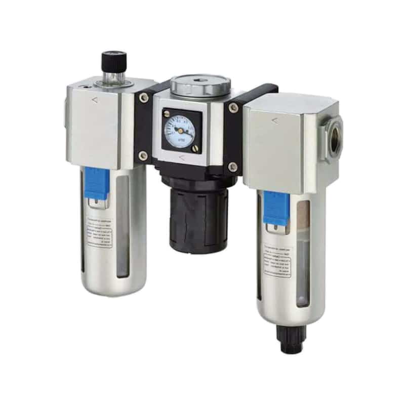 Conjunto FRL neumático de tres elementos con vasos protegidos de filtro y lubricador y regulador de presión central.