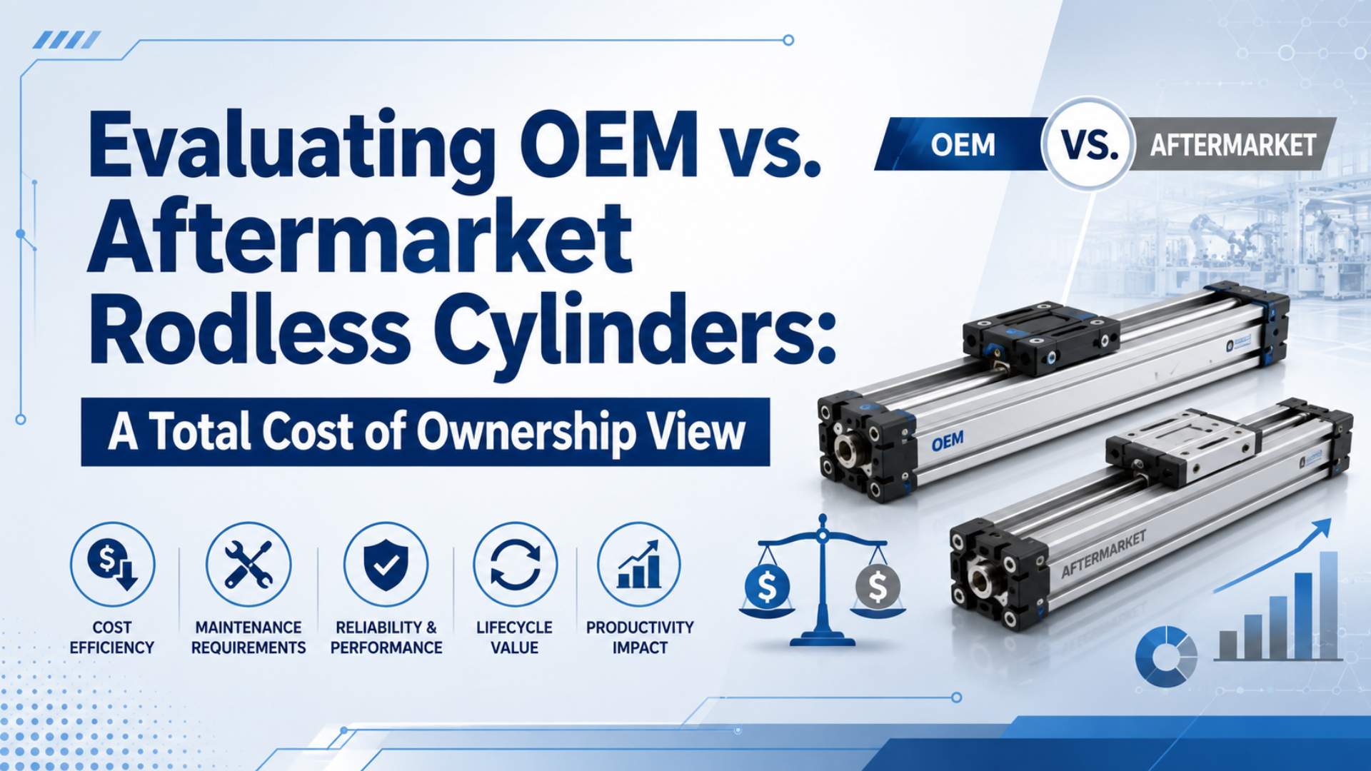 Analyse de coût total de possession comparant un vérin sans tige OEM et une solution aftermarket pour remplacement industriel