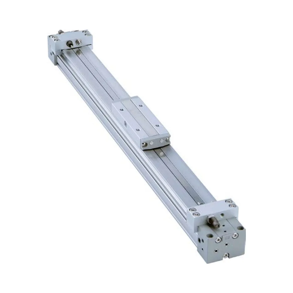 MY1B mechanical-joint rodless cylinder with carriage and end blocks visible for replacement-interface review