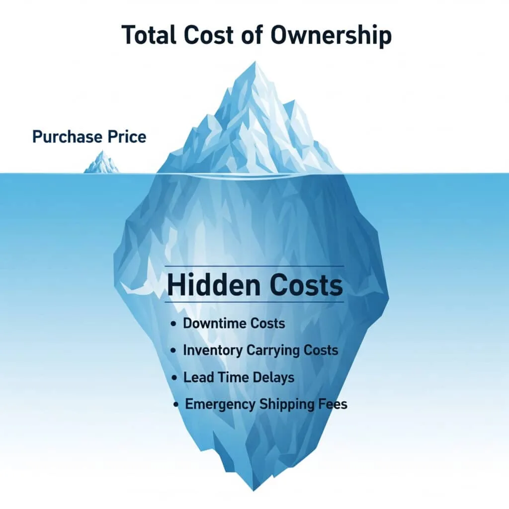 Total cost of ownership iceberg showing purchase price above water and downtime, inventory, lead-time, and emergency-shipping costs below water