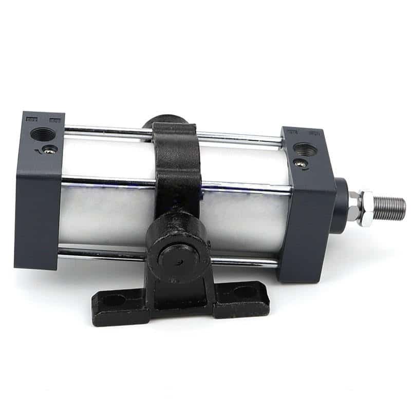 Tie-rod pneumatic cylinder with a central trunnion mount and pivot support