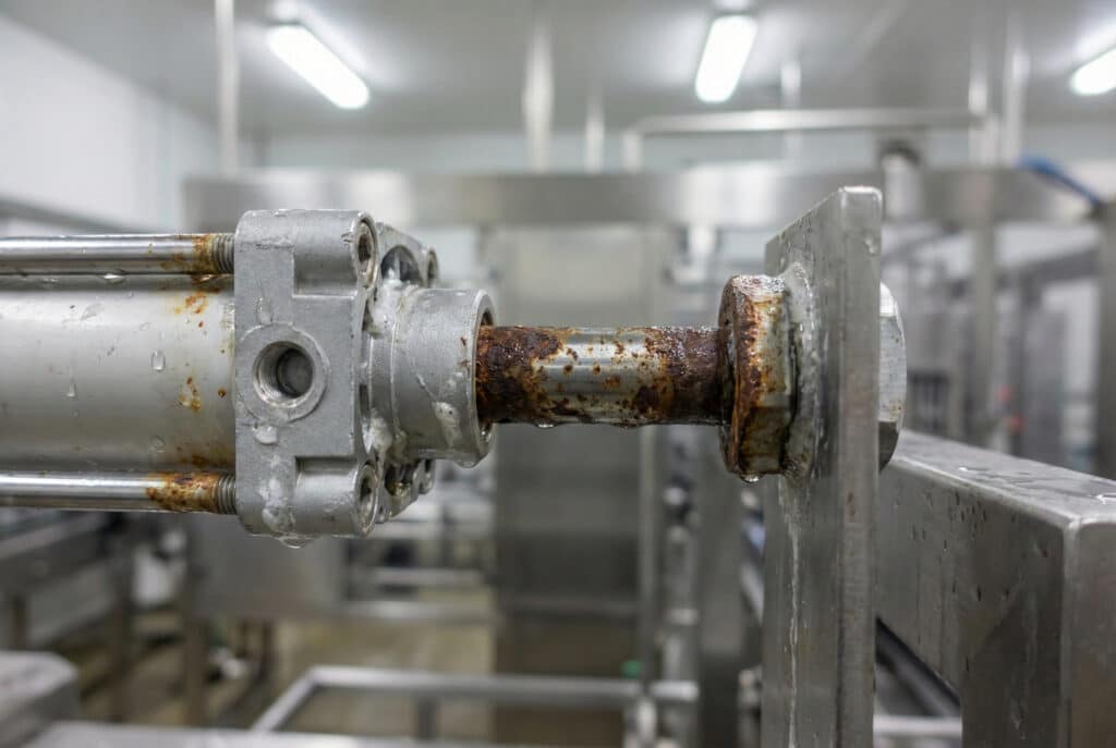 Surface corrosion and deposits around a pneumatic cylinder joint during field inspection