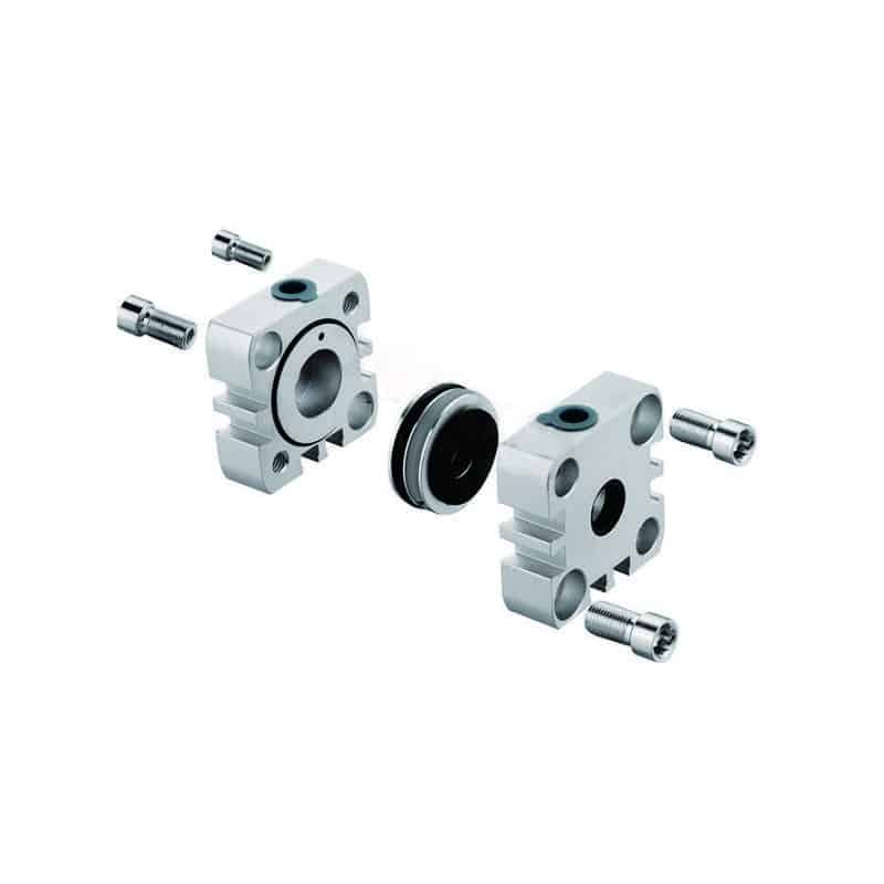 Exploded compact pneumatic-cylinder assembly showing end cap, piston, barrel, fasteners, and seals