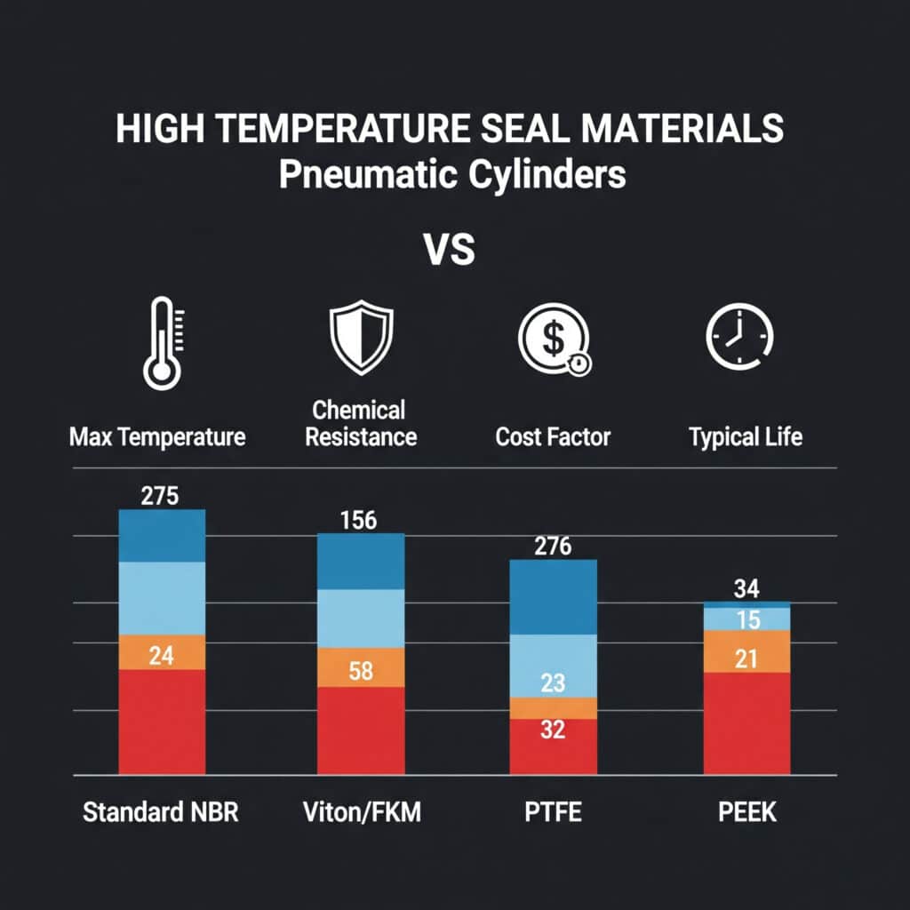 NBR, FKM, PTFE, PEEK, FFKM 검토를 위한 고온 공압 씰 재질 비교 차트