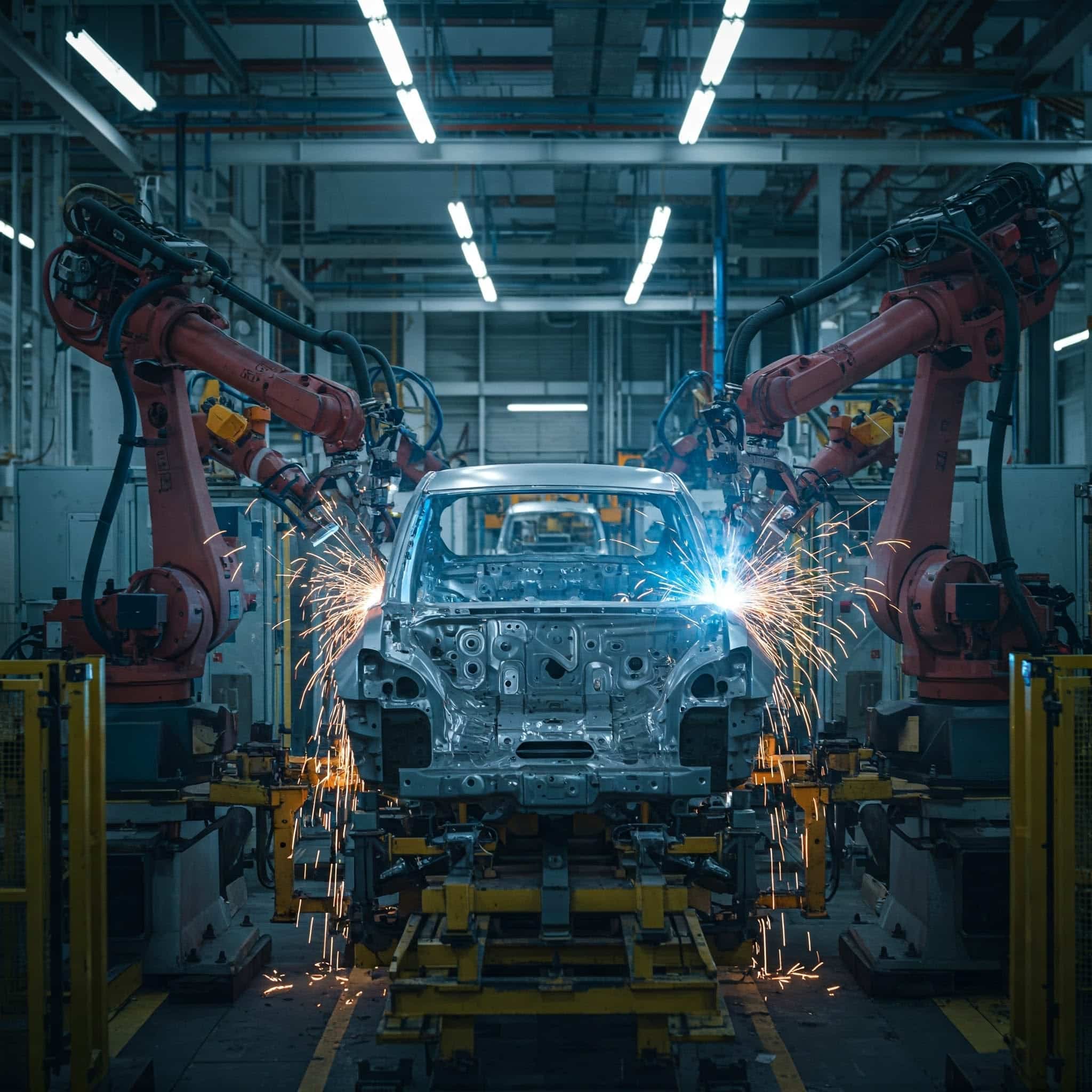 Roboter-Schweißzelle im automobilen Karosserierohbau als Anwendungskontext; das Bild zeigt keinen kolbenstangenlosen Antrieb