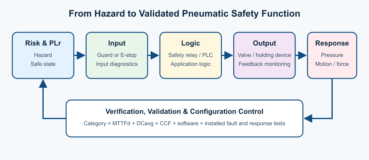 ISO 13849 engineering chain from risk assessment and PLr through input, logic, pneumatic output, machine response, and validation.