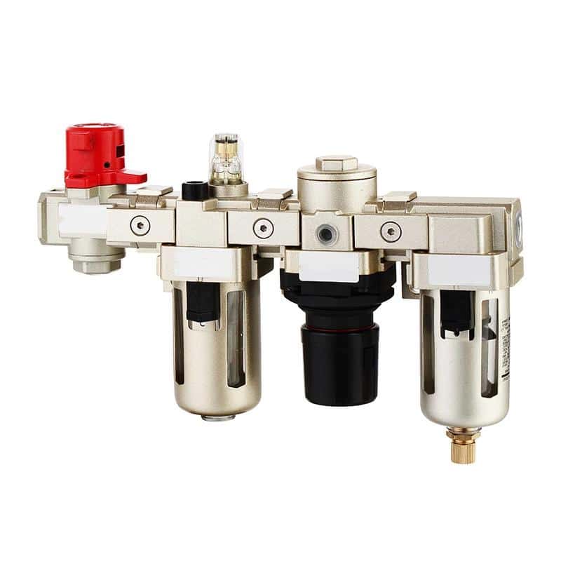 A pneumatic air-preparation assembly with a red-handled lockable supply valve, filter, regulator, and lubricator.