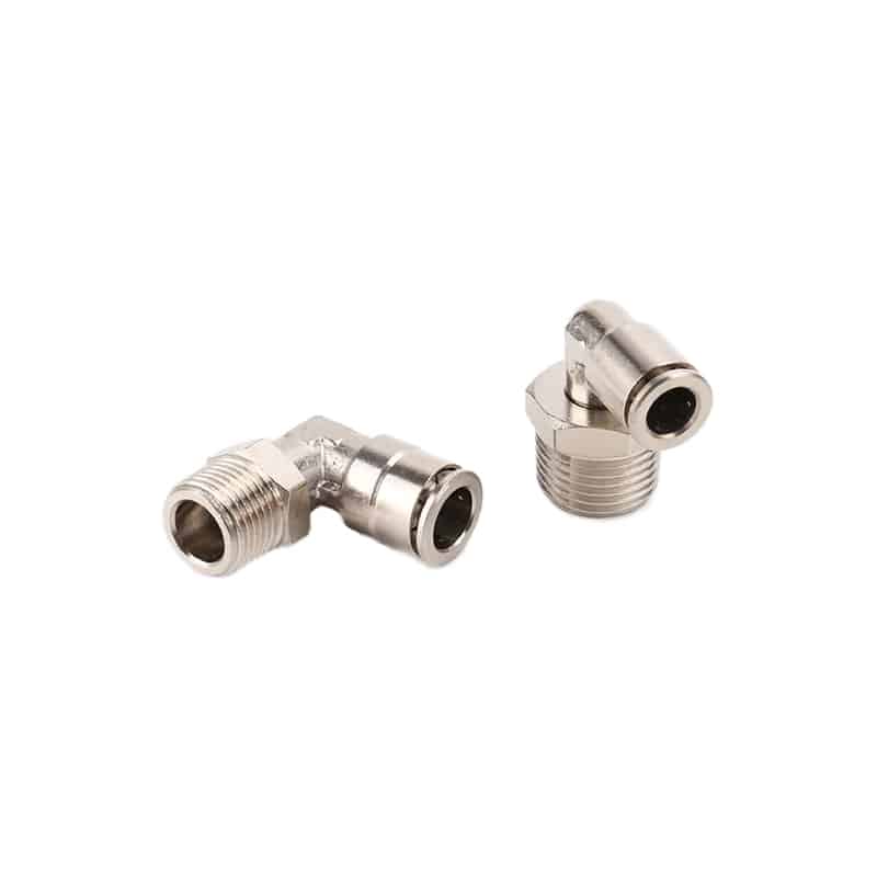 Two nickel-plated brass male elbow push-in pneumatic fittings showing the threaded port and tube connection