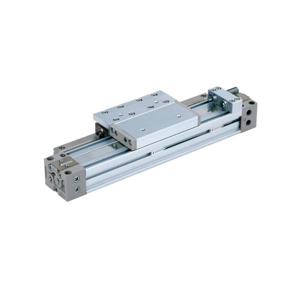 High-precision rodless pneumatic cylinder with an integrated linear guide.