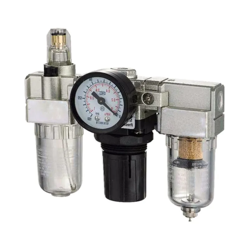 Pneumatic filter-regulator-lubricator assembly used for local air preparation.