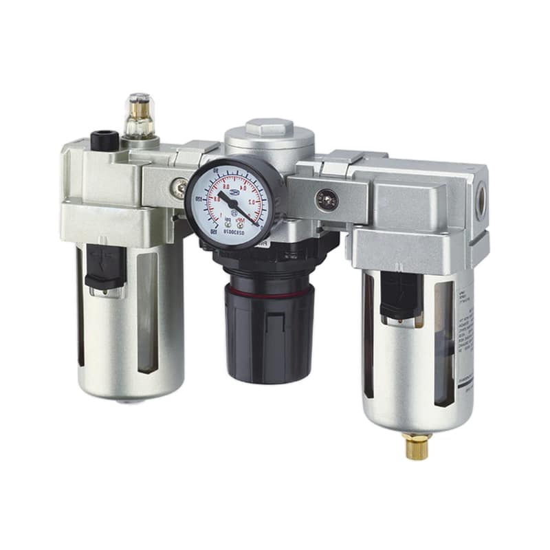 Gruppo FRL XAC a tre elementi con tazze metalliche protette, manometro, manopola, cupola e scarico