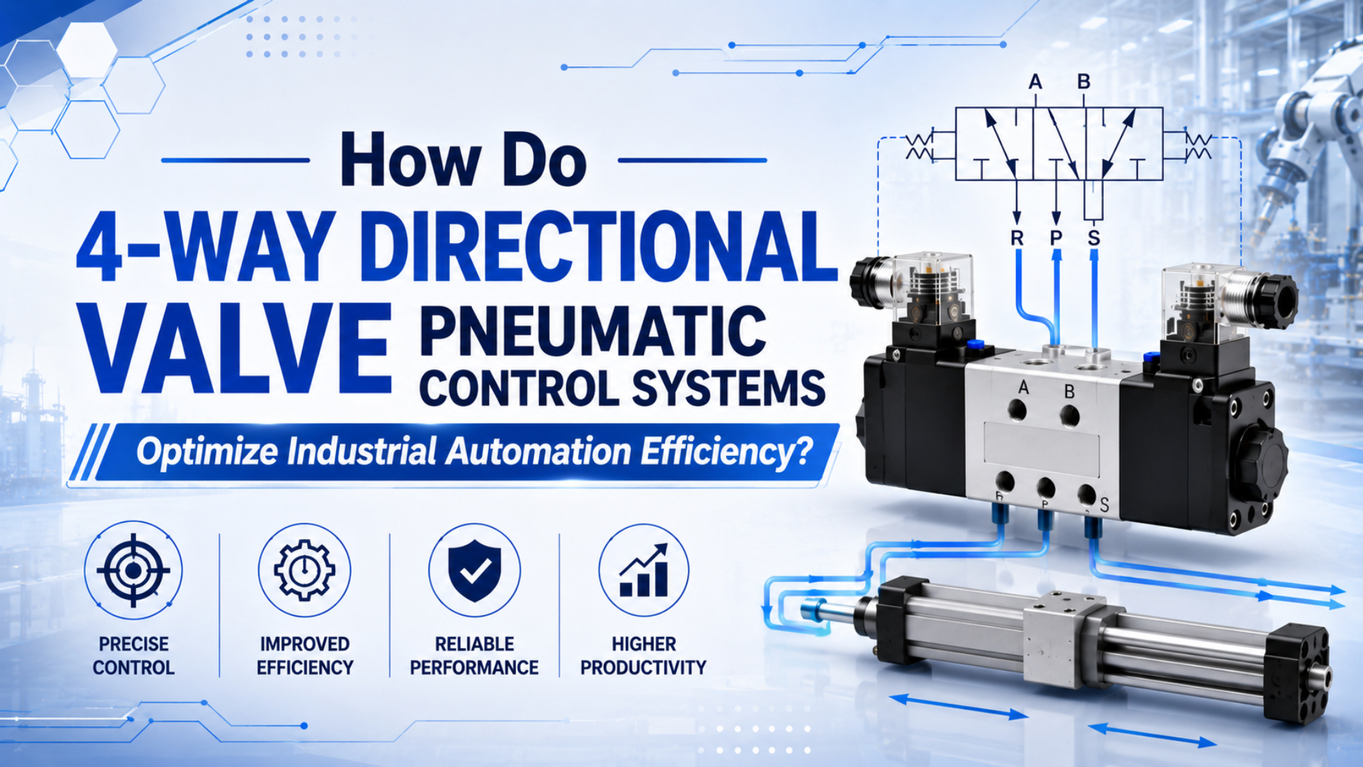 Systeme pneumatique à distributeur directionnel 4 voies montrant ports de vanne, chambres d'actionneur, signal PLC, dimensionnement Cv, contrôle d'échappement et contrôles de chute de pression