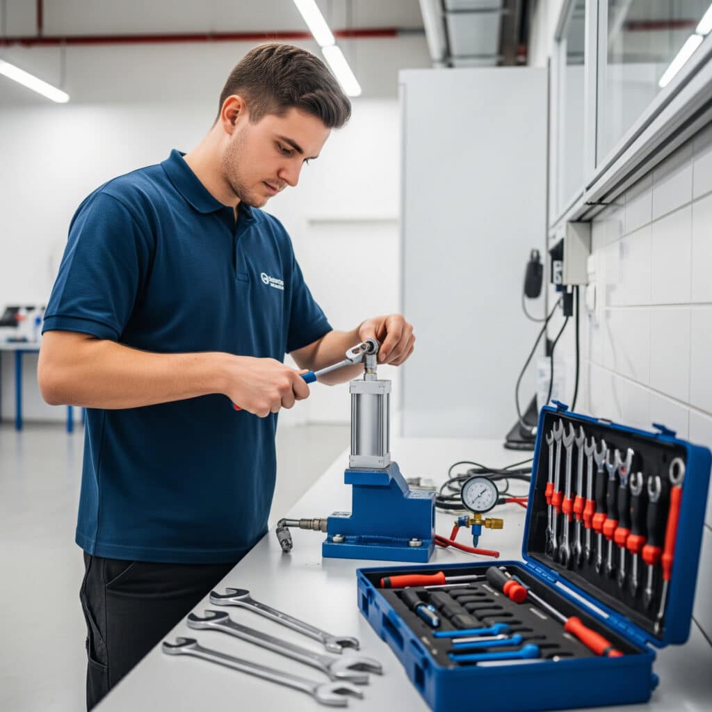 A technician in a workshop performs routine maintenance on a pneumatic cylinder using basic hand tools from an open toolbox, highlighting the simplicity and ease of servicing these systems.