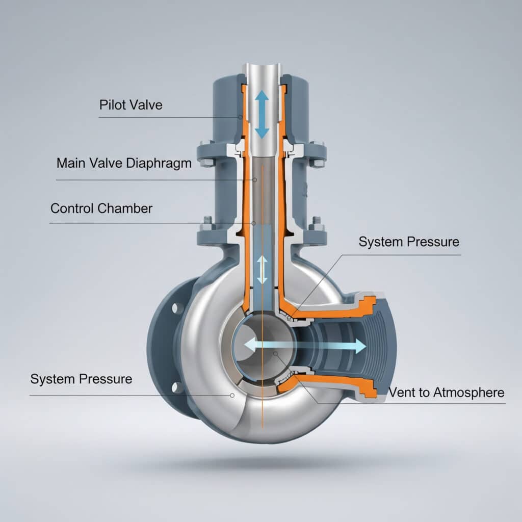 Cutaway diagram of a pilot operated valve showing a pilot passage, control chamber, main diaphragm, inlet pressure, and outlet flow path