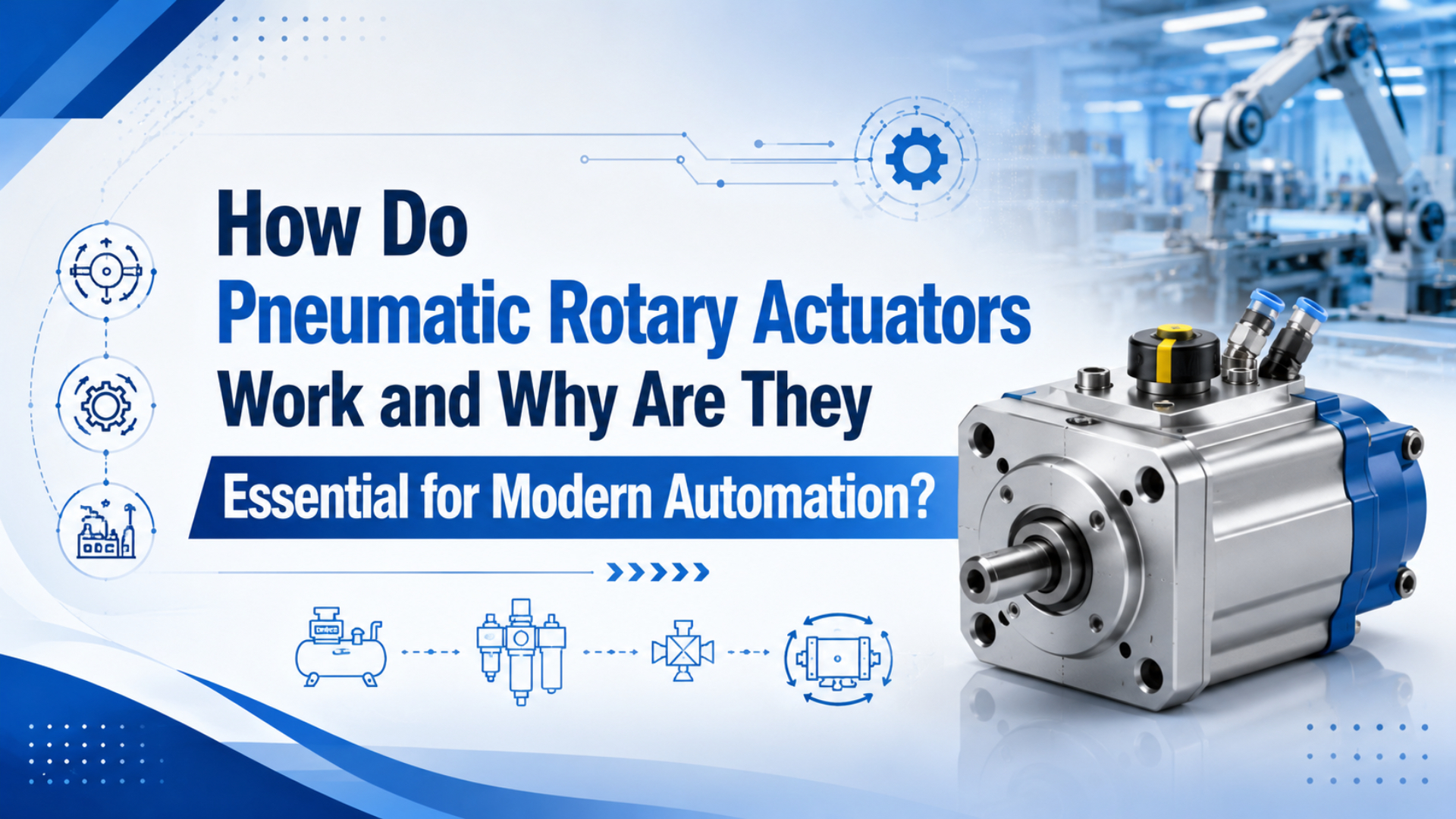Guide de selection d'actionneur rotatif pneumatique montrant les controles pignon-cremaillere, palette, couple, angle et butees de fin de course