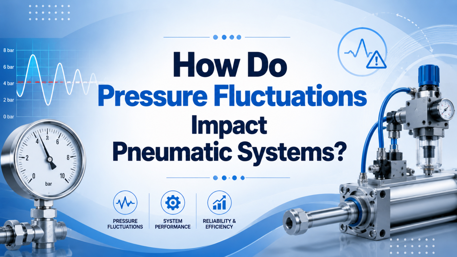 Pressure gauge, FRL regulator, tubing, and pneumatic actuator layout used to diagnose pressure fluctuations in an industrial air system
