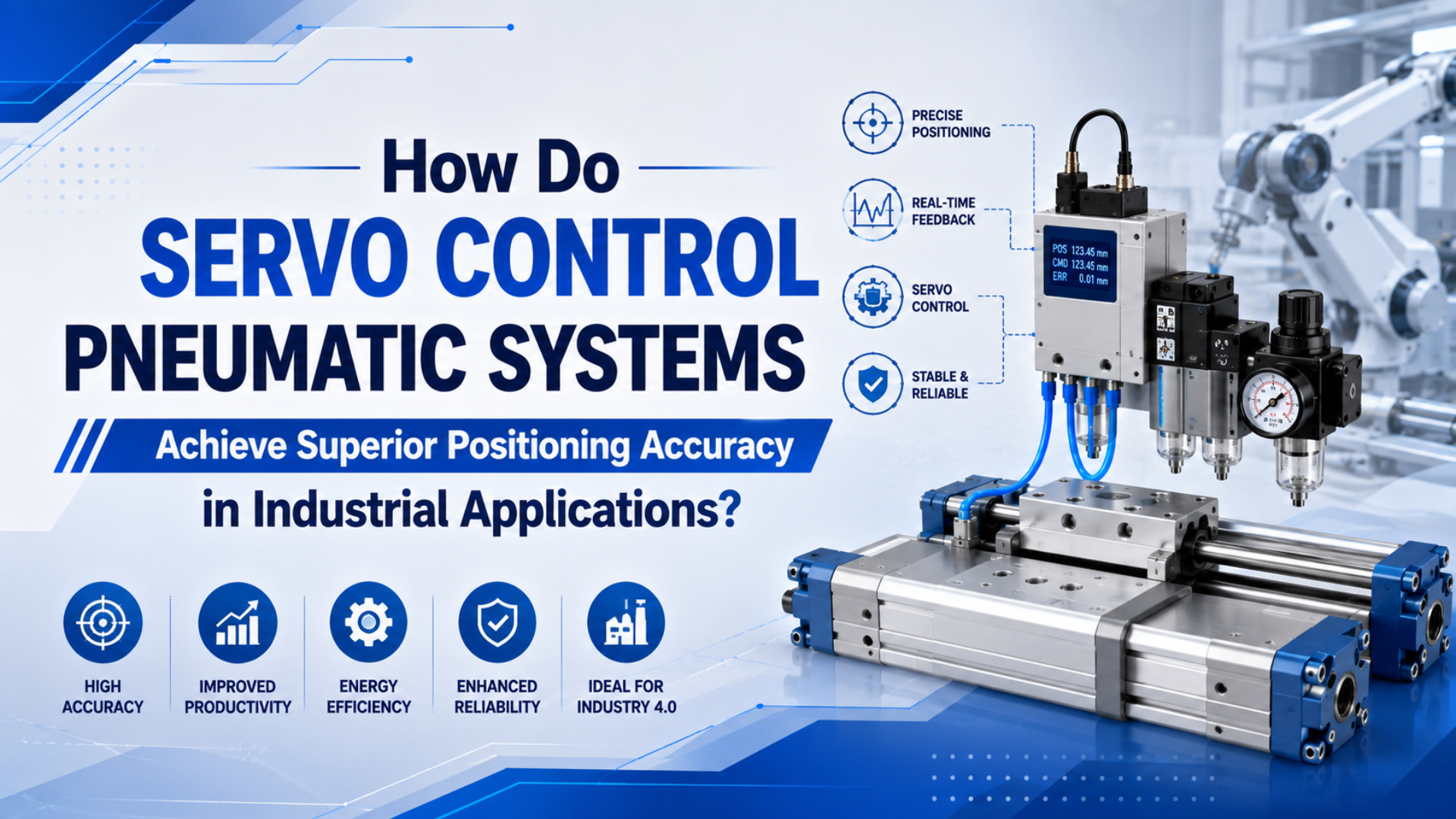 Eje neumático con servocontrol, sensor de feedback, válvula proporcional y controlador para posicionamiento industrial