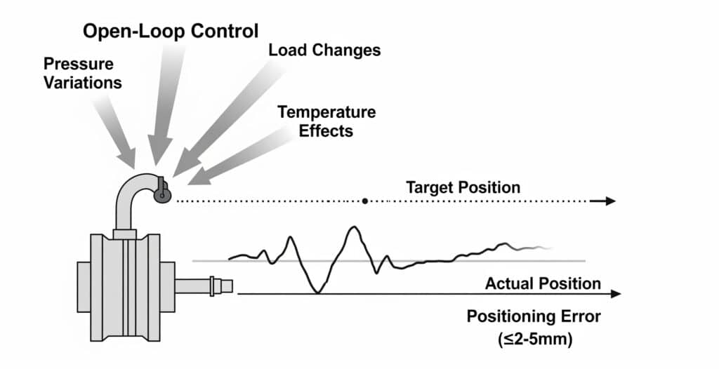 Schema di posizionamento pneumatico ad anello aperto in cui le variazioni di pressione, carico e temperatura provocano uno scostamento tra posizione di riferimento e posizione effettiva.