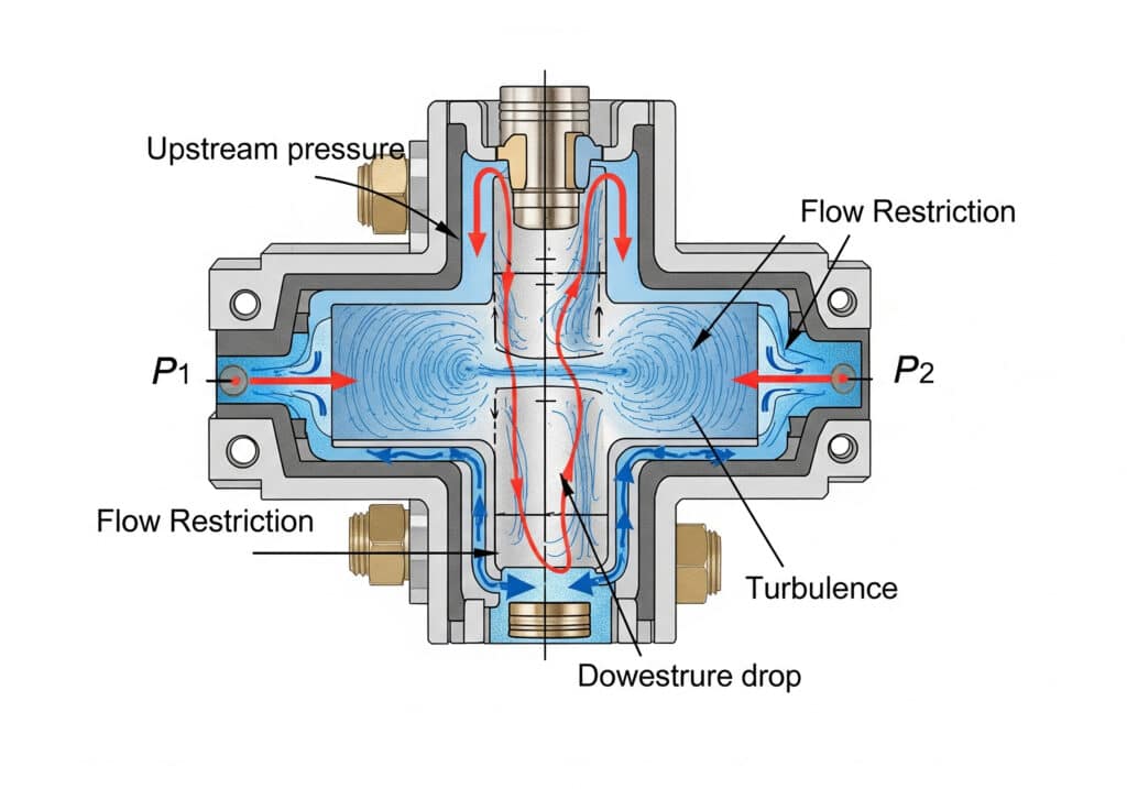 Pneumatic valve pressure drop diagram showing upstream P1, downstream P2, restriction, friction, and turbulence.