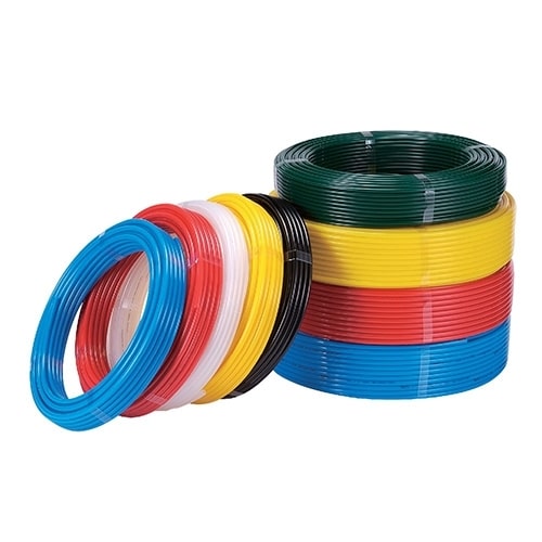 Coils of color-coded polyurethane pneumatic tubing for machine routing and circuit identification