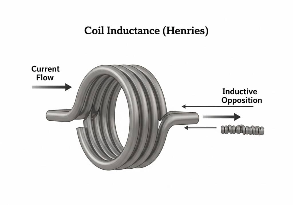 Sơ đồ giải thích độ tự cảm cuộn dây như dòng điện đi qua cuộn quấn với sự chống lại thay đổi dòng nhanh