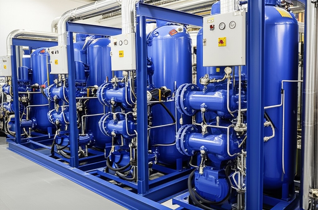 Optimized compressed air system with treatment, controls, and distribution equipment for stable industrial pneumatic supply