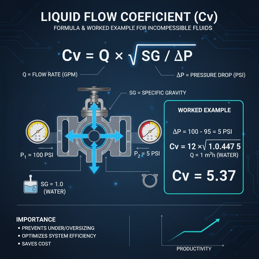 Worked liquid Cv formula example showing 12 gpm of water at a 5 psi pressure drop