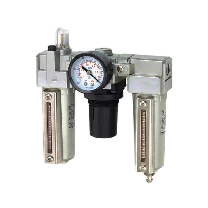 Three-element XMA FRL unit with metal filter and lubricator bowls, pressure regulator, gauge, and drain.