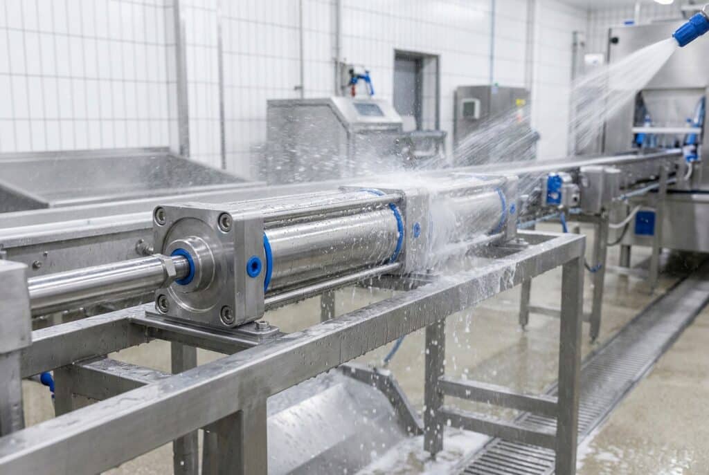 Vérin pneumatique inox installé sur un châssis ouvert pendant un rinçage direct à l’eau.