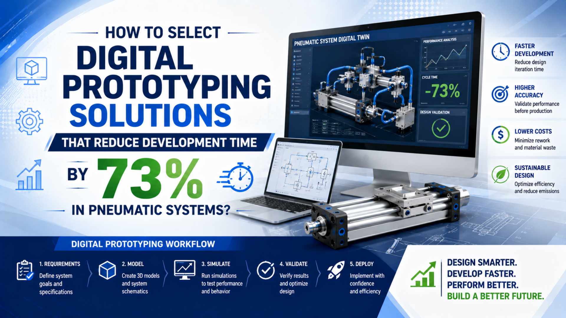 Titelbild zur Auswahl digitaler Prototyping-Lösungen, die die Entwicklungszeit in Pneumatiksystemen um 73 % reduzieren