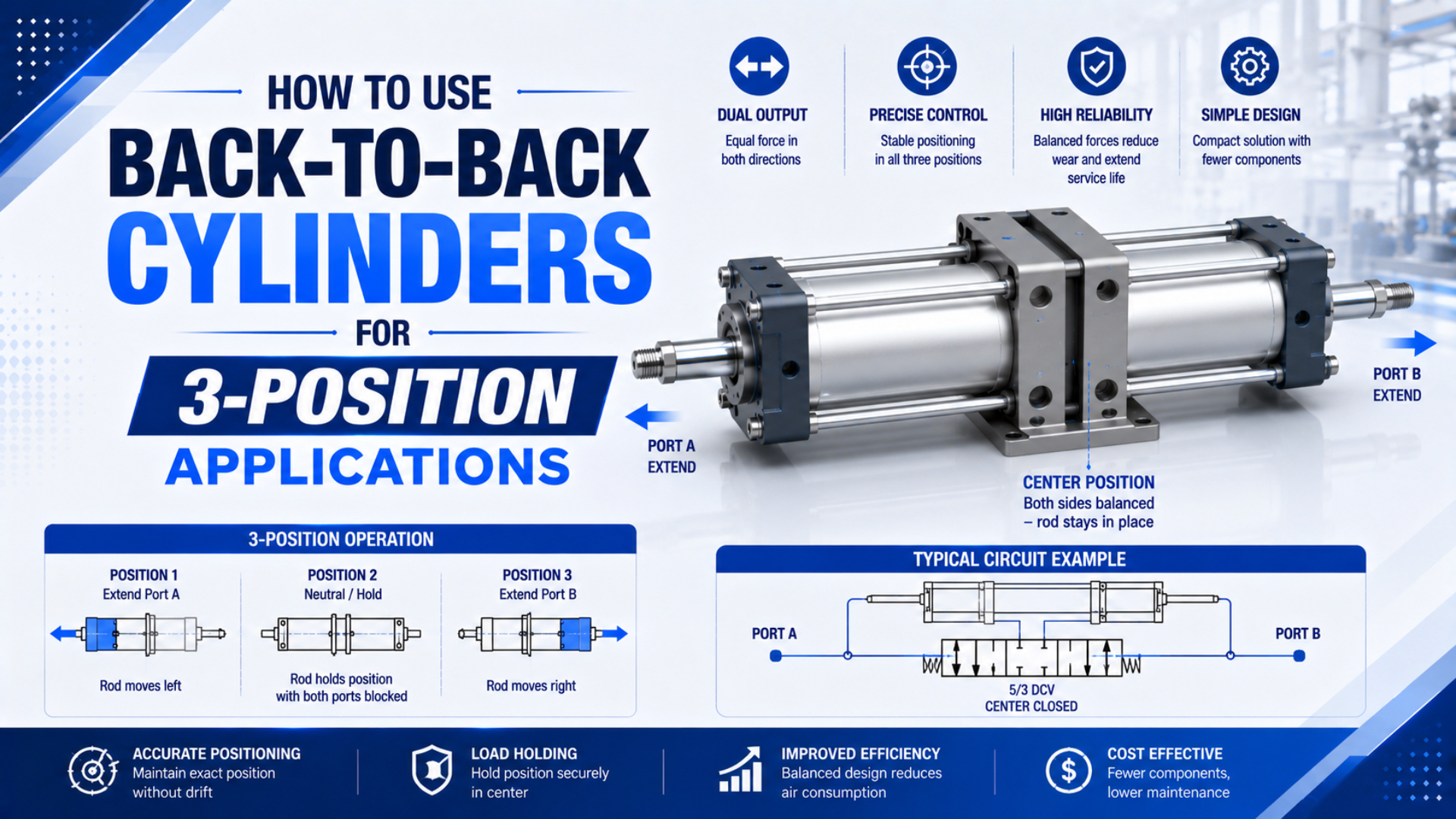 Beitragsbild: Back-to-back-Zylinder für eine pneumatische Anordnung mit drei Positionen