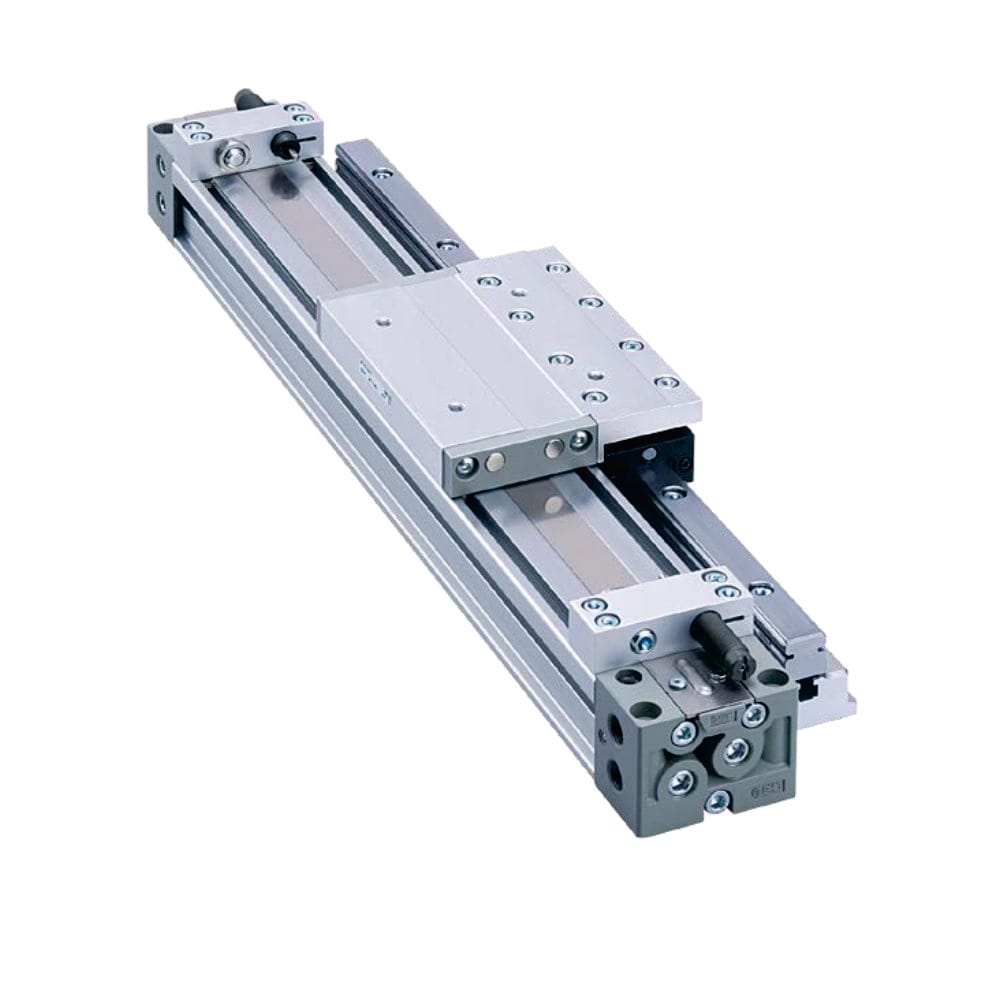 Guided rodless cylinder whose carriage and attached hardware contribute to total moving mass