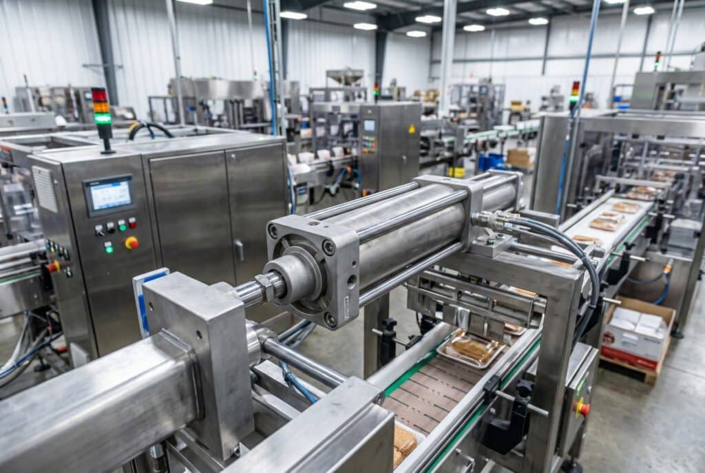 Xi lanh khí nén được lắp trên dây chuyền sản xuất tự động cho chế độ sản xuất liên tục