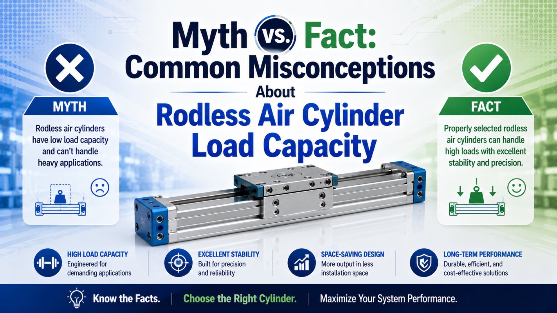 Engineer checking rodless air cylinder load capacity by thrust, guide moment, stroke support, and pressure during motion