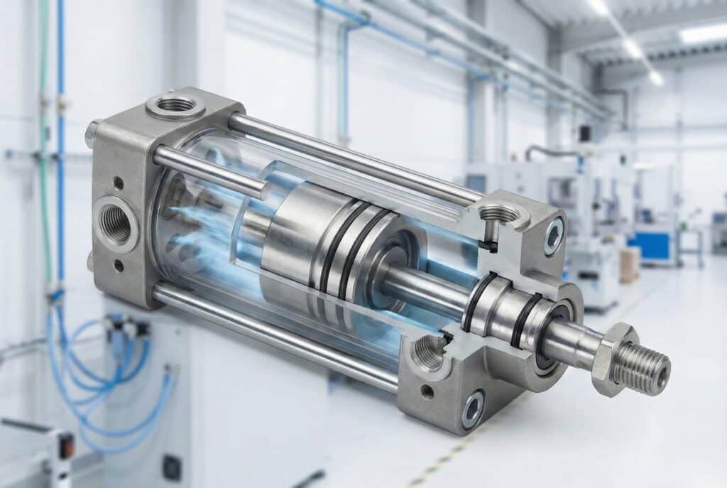 Cutaway pneumatic actuator showing the piston, cylinder chamber, ports, and output rod