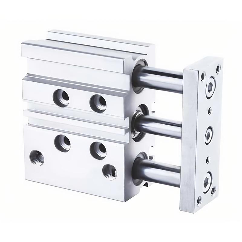 Three-rod guided pneumatic cylinder illustrating external load support and anti-rotation guidance