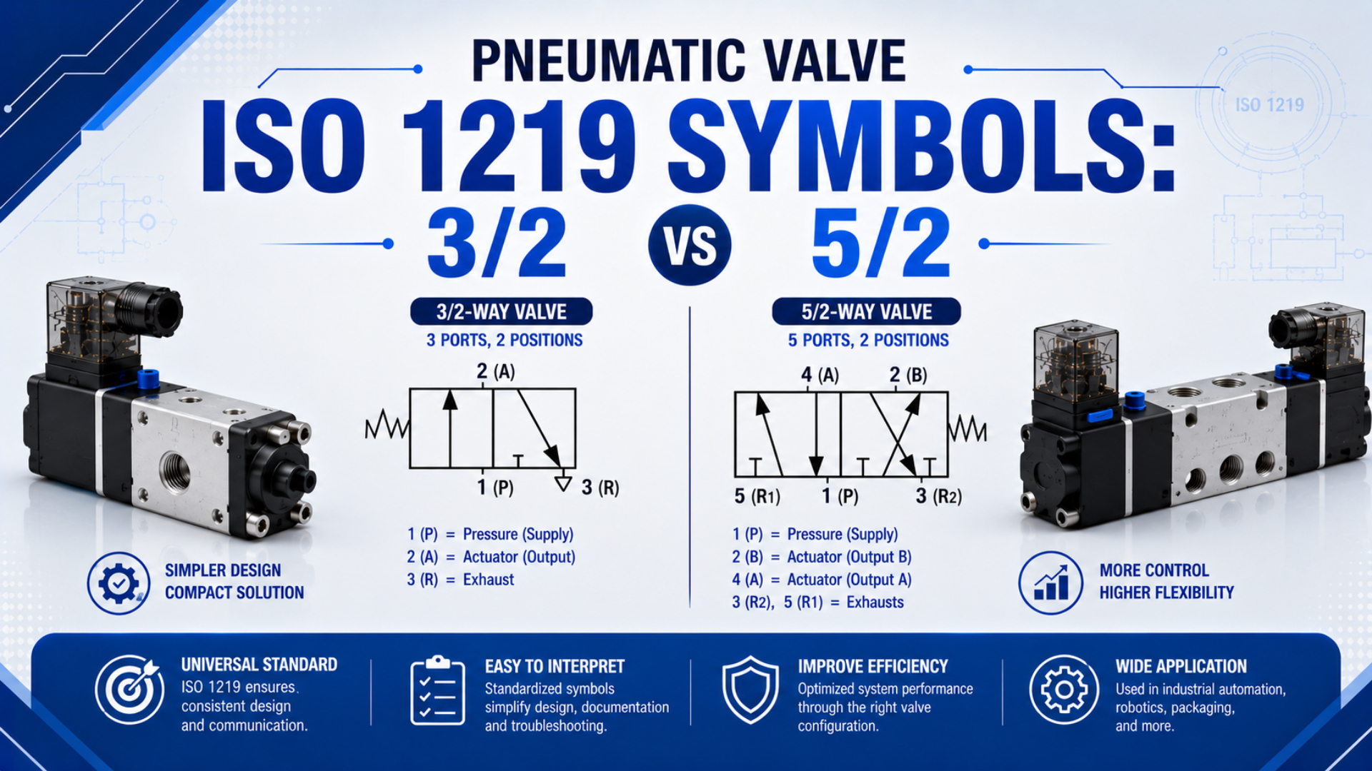Symboles ISO 1219 de distributeurs pneumatiques : 3/2 ou 5/2