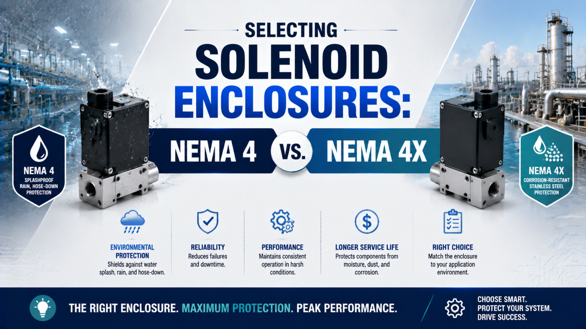 Image principale du choix d’enveloppes de solénoïdes NEMA 4 ou NEMA 4X