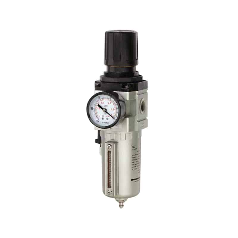 Bộ lọc-điều áp cốc kim loại có bộ phận quan sát hẹp để kiểm tra chất lỏng đã thu gom.
